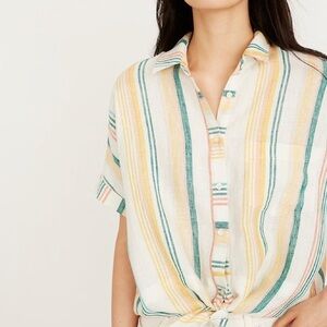 Madewell 100% Linen — Striped Tie-Front Button-Down Shirt, Yellow, Green, &White